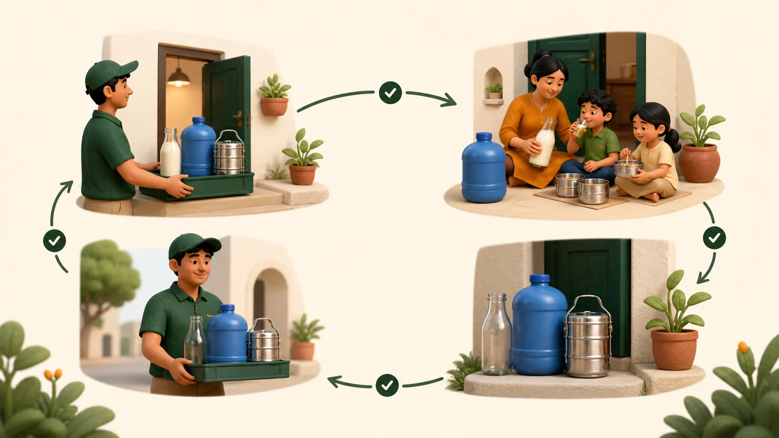 A four-step loop showing full containers delivered, used, placed outside empty, and collected